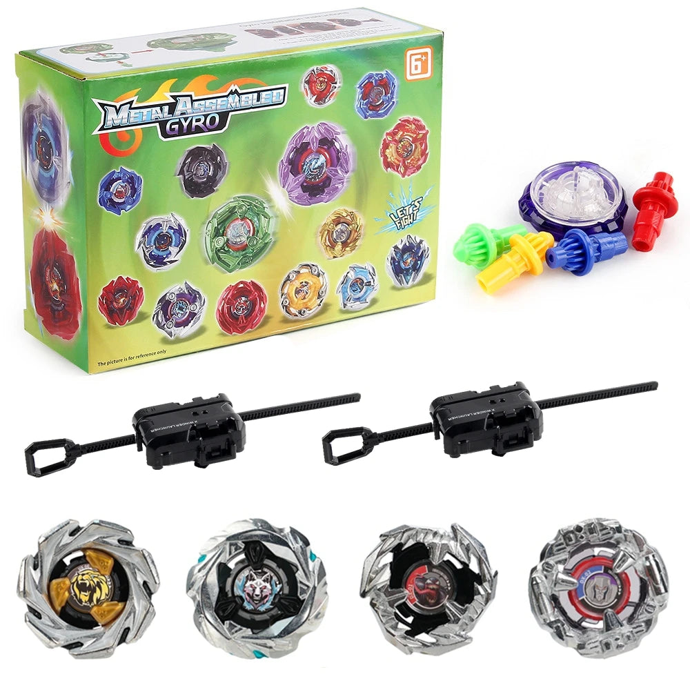 Metal Assemble Gyro spinning top battle set with launchers and various metal tops