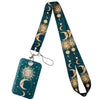 A teal patterned lanyard featuring sun and moon designs, attached to an ID badge holder.