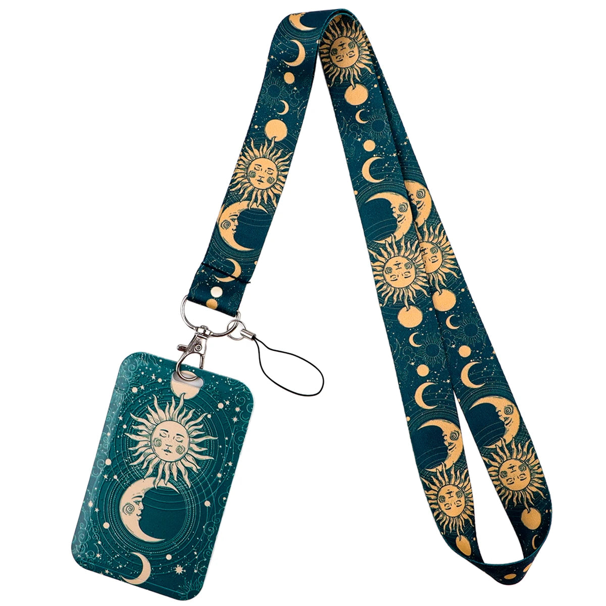 A teal patterned lanyard featuring sun and moon designs, attached to an ID badge holder.