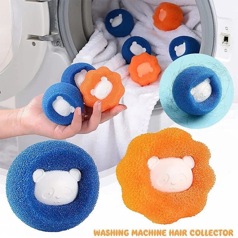 A hand is shown placing reusable laundry balls of various colors into a washing machine drum for hair and lint collection.