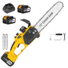 Yellow cordless electric chainsaw with a chain and two Li-ion 20V batteries and accessories