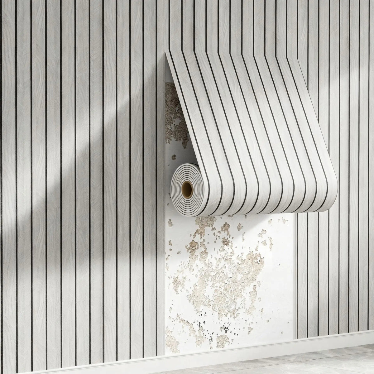 Roll of wood grain peel-and-stick wall tiles displayed against a vertical light gray wooden slat background.