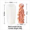 A white candle mold and a pink silicone figure of a religious figure are shown with dimensions.
