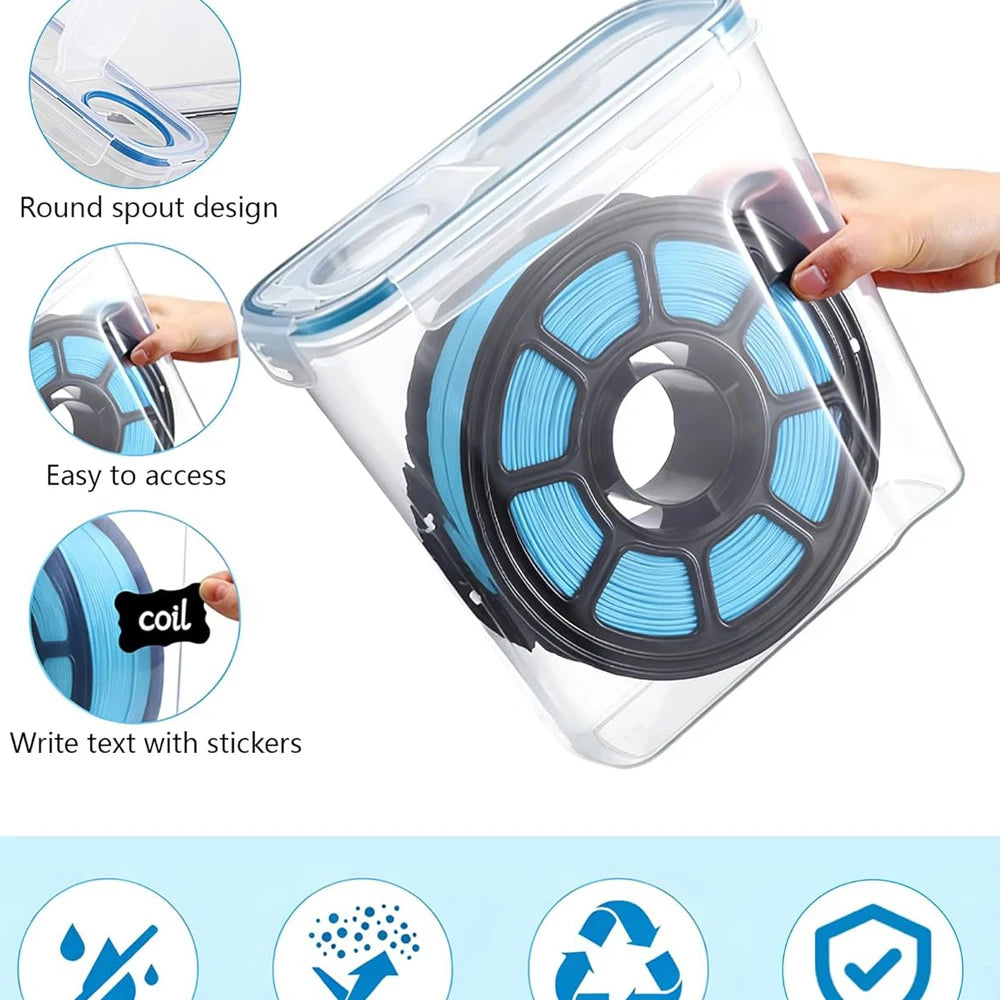 Clear airtight storage box for filament with round spout design, easy access, and space for write text stickers.