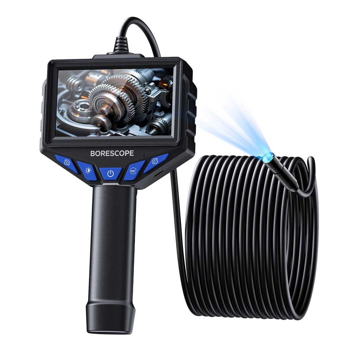 A black industrial borescope device with a screen and probe cable is shown.