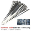 A bundle of stainless steel self-locking cable ties in various lengths is shown diagonally.