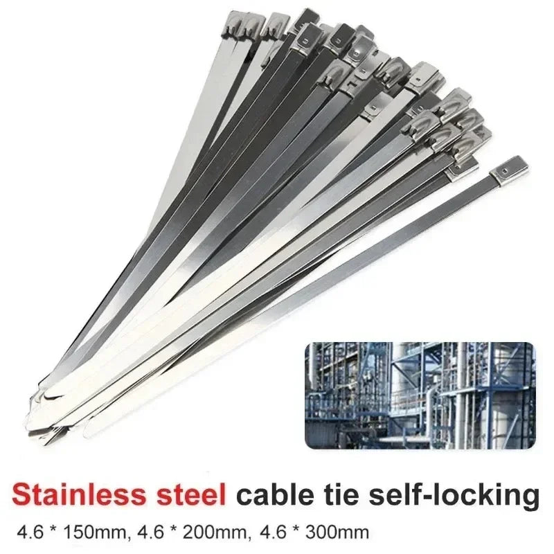A bundle of stainless steel self-locking cable ties in various lengths is shown diagonally.