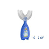 Blue U-shaped silicone toothbrush for children with a clear head and age range 2-6 years.
