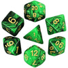 A set of seven green polyhedral dice showing various numbers and designs.