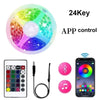 A circular LED light strip with 24 keys for app control, alongside a smartphone and charging cable.