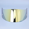 A clear motorcycle helmet visor lens shield with a reflective gold tint mounted on a black frame.