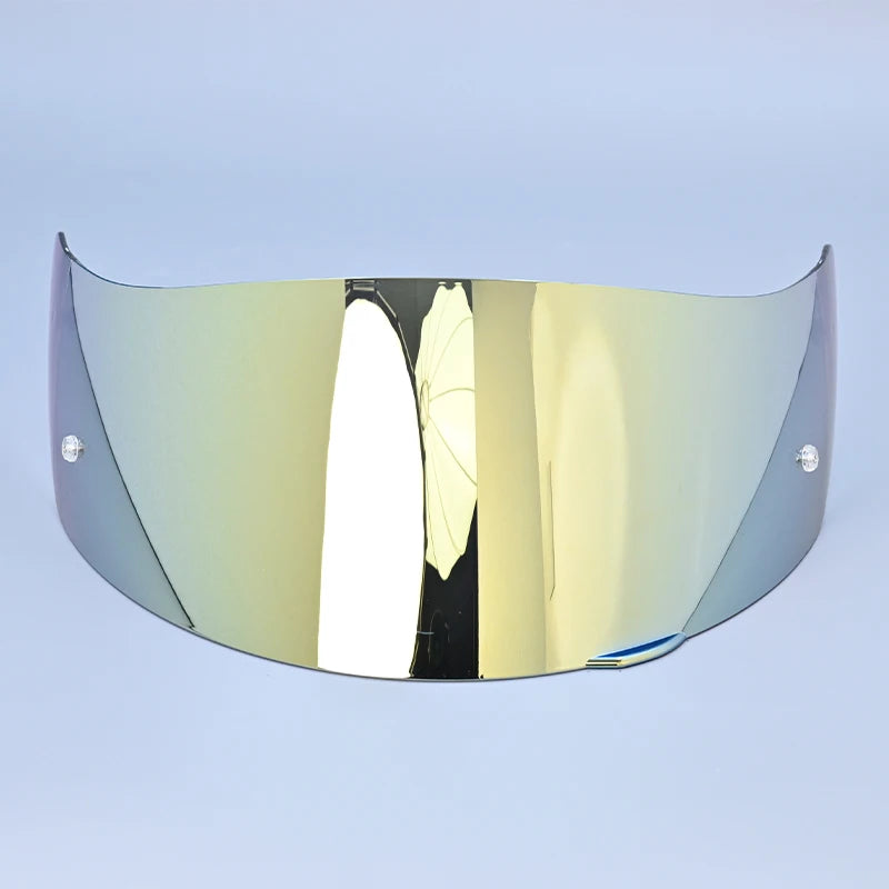 A clear motorcycle helmet visor lens shield with a reflective gold tint mounted on a black frame.