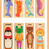 A set of wooden animal alphabet puzzles featuring a shark, lobster, dolphin, sea horse, penguin, frog, bear, and lion.