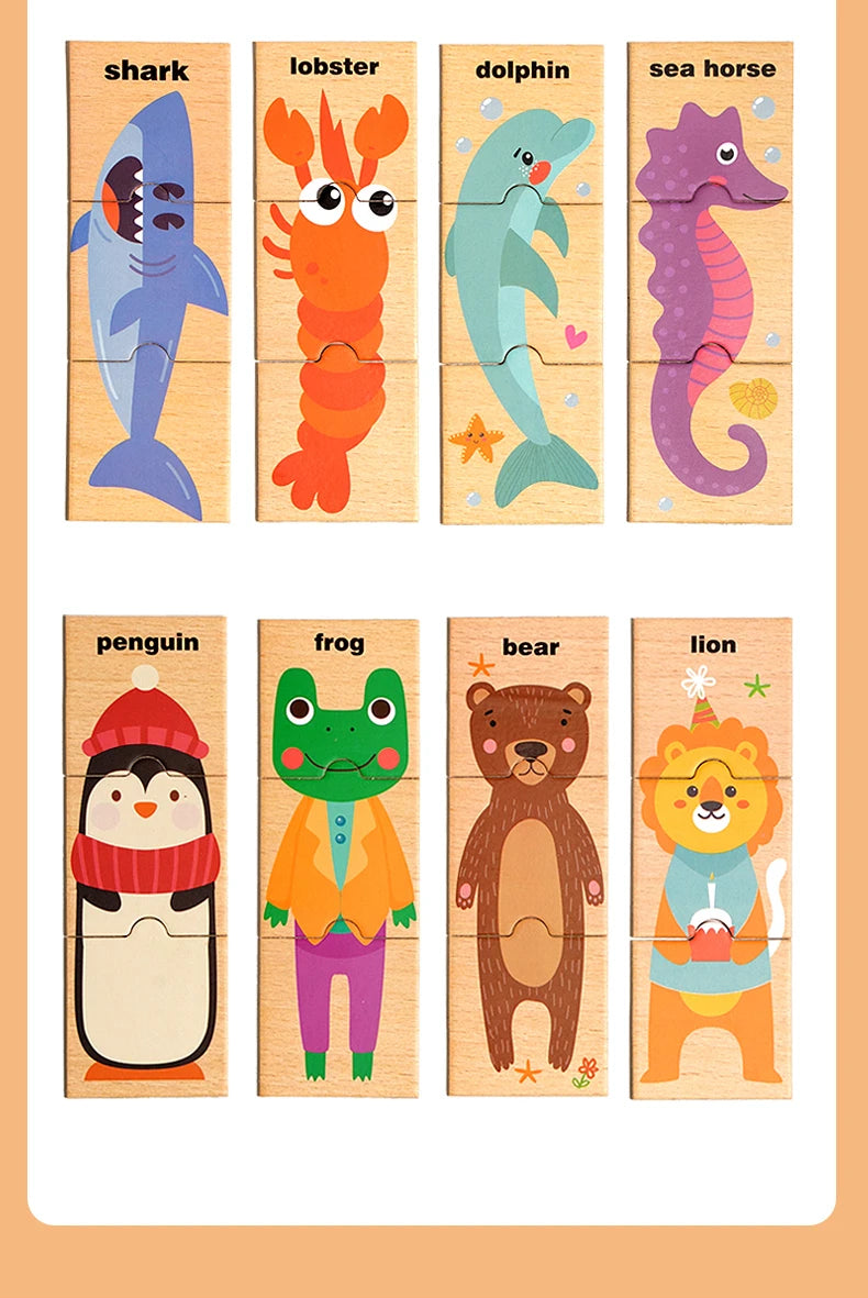A set of wooden animal alphabet puzzles featuring a shark, lobster, dolphin, sea horse, penguin, frog, bear, and lion.