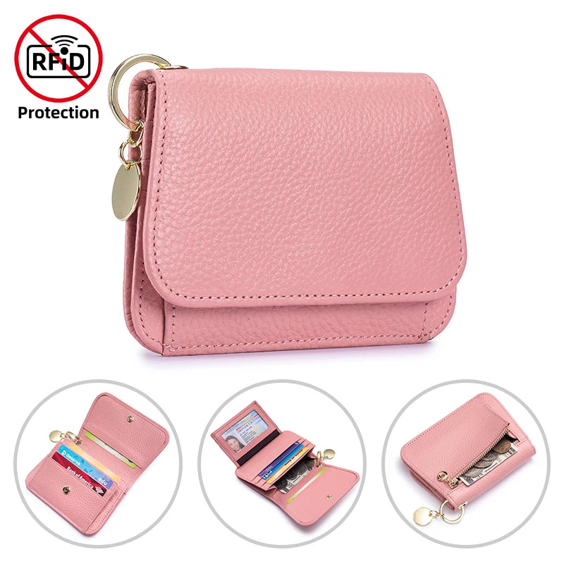 Genuine Leather Tri-Fold Wallet with Coin Pocket & Keychain