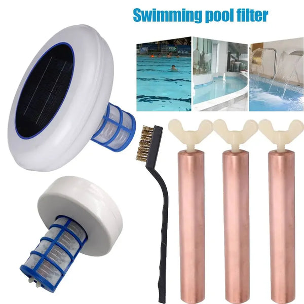 Système de filtration de piscine montrant une unité de panneau solaire blanc et des tubes de purification à base de cuivre