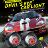A pair of red LED devil eye car lights are shown with a remote control and power cable.