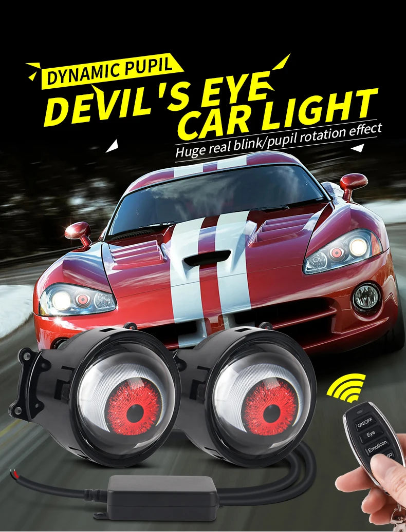A pair of red LED devil eye car lights are shown with a remote control and power cable.