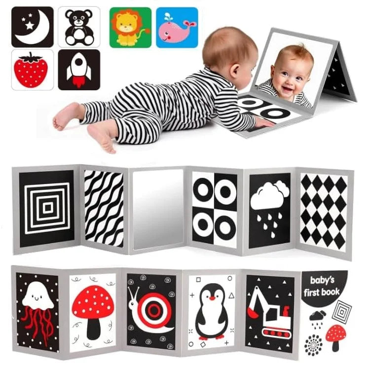 A set of high contrast baby flash cards and a tummy time mirror featuring various animals and objects.