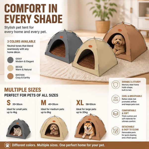 A brown pet teepee tent is shown on a light rug with various sizes and colors available.