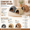 A brown pet teepee tent is shown on a light rug with various color options and sizes.