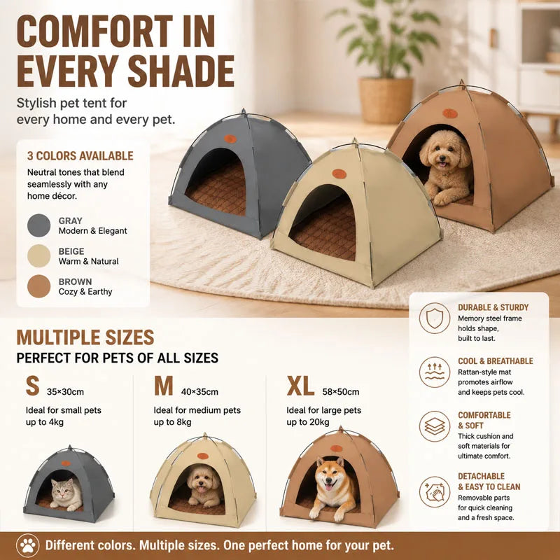 A brown pet teepee tent is shown on a light rug with various color options and sizes.