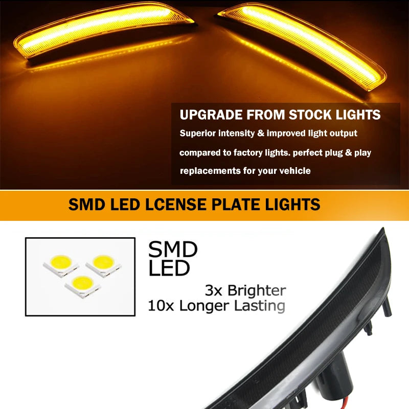 SMD LED license plate lights for vehicles, showing upgraded bright yellow light strips.