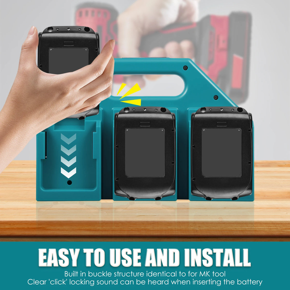 A hand is inserting a battery into a teal organizer case, showing the easy to use and install feature.