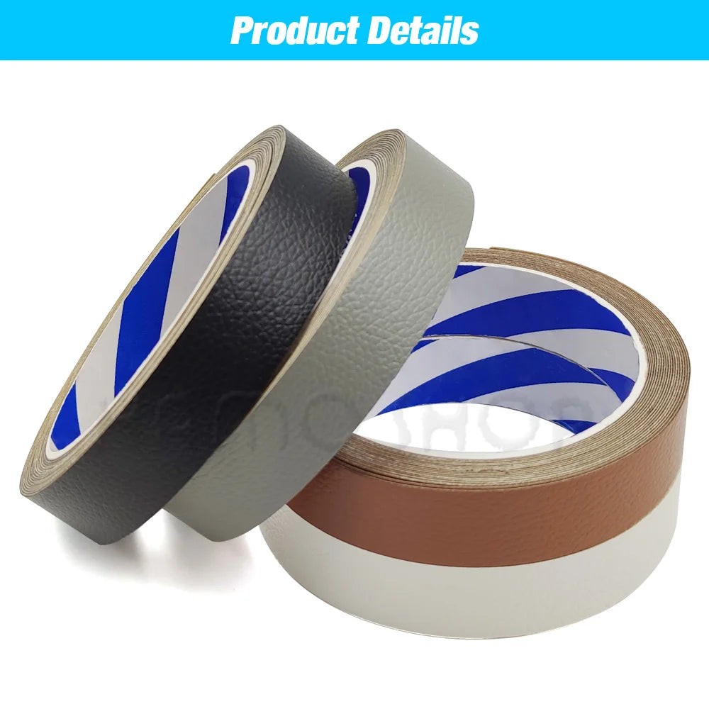 Rolls of self-adhesive PU leather repair patches in black, gray, and brown colors.