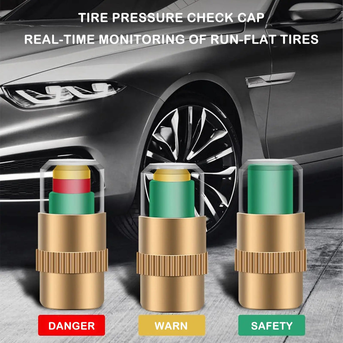 Set of four color-coded tire pressure check caps showing danger, warning, and safety levels on a car wheel.