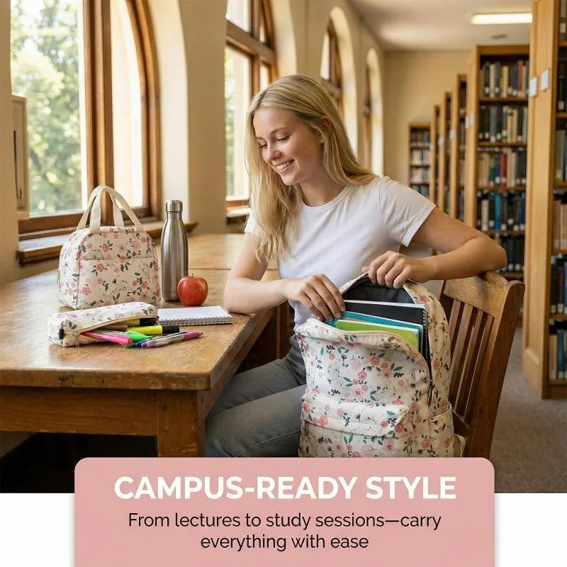 A young woman sits at a wooden table with a floral backpack set, a laptop, and books in a bright room.