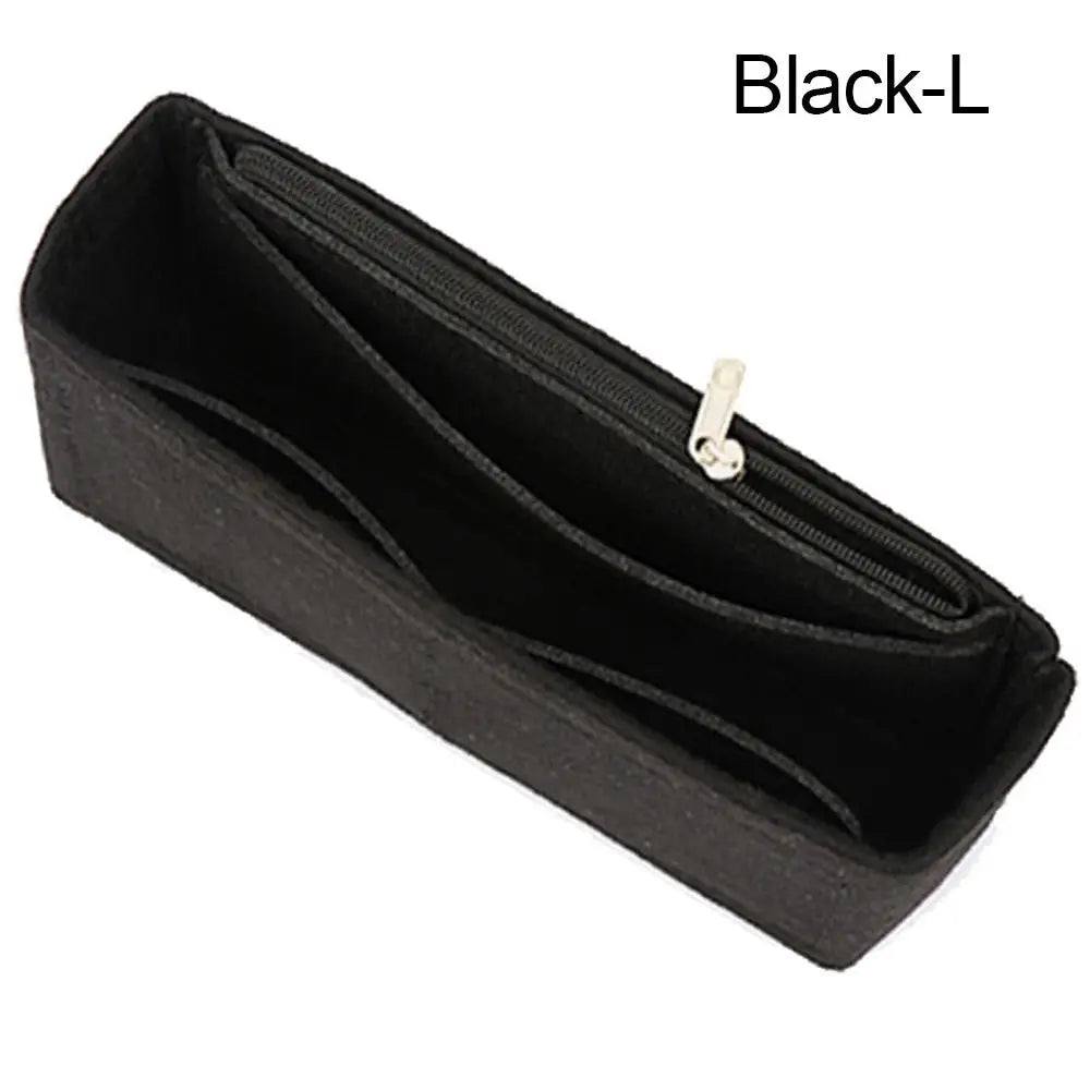 Black-L soft felt handbag organizer insert with multi-pockets shown from above.