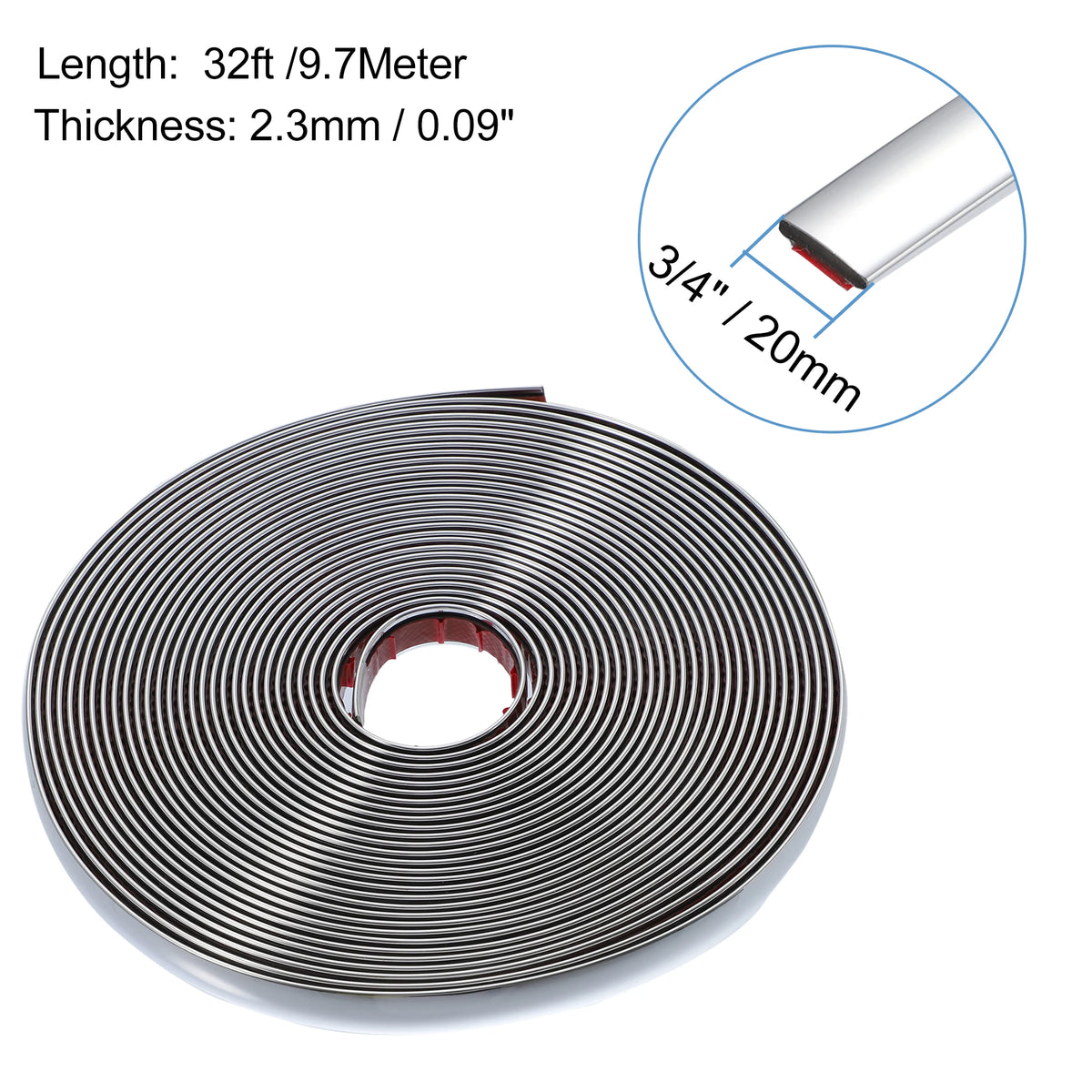 Roll of chrome car door edge guard trim strip with dimensions 3/4 inch thick and 9.7 meter length