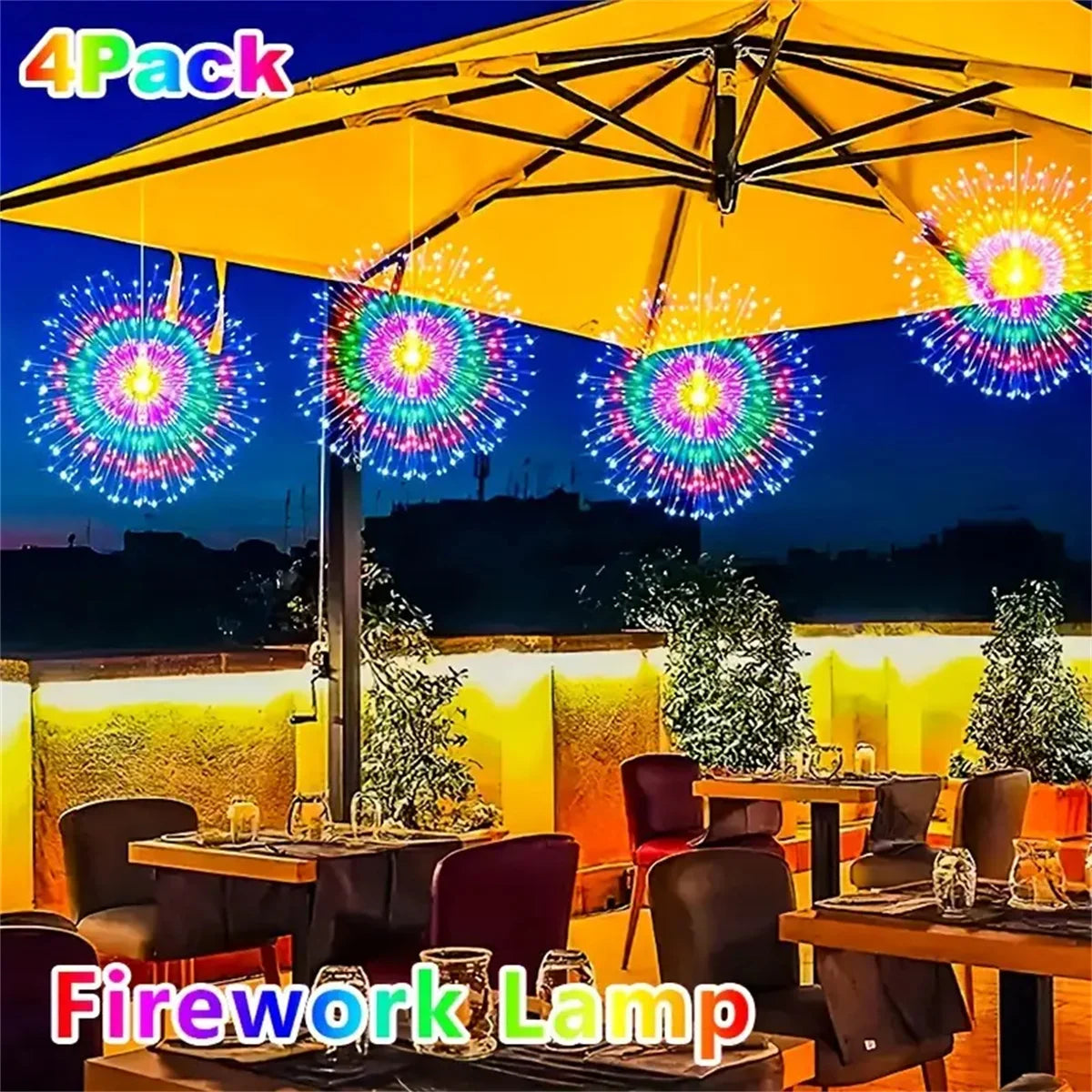 A 4-pack of fireworks lamps illuminating a night sky with colorful bursts.