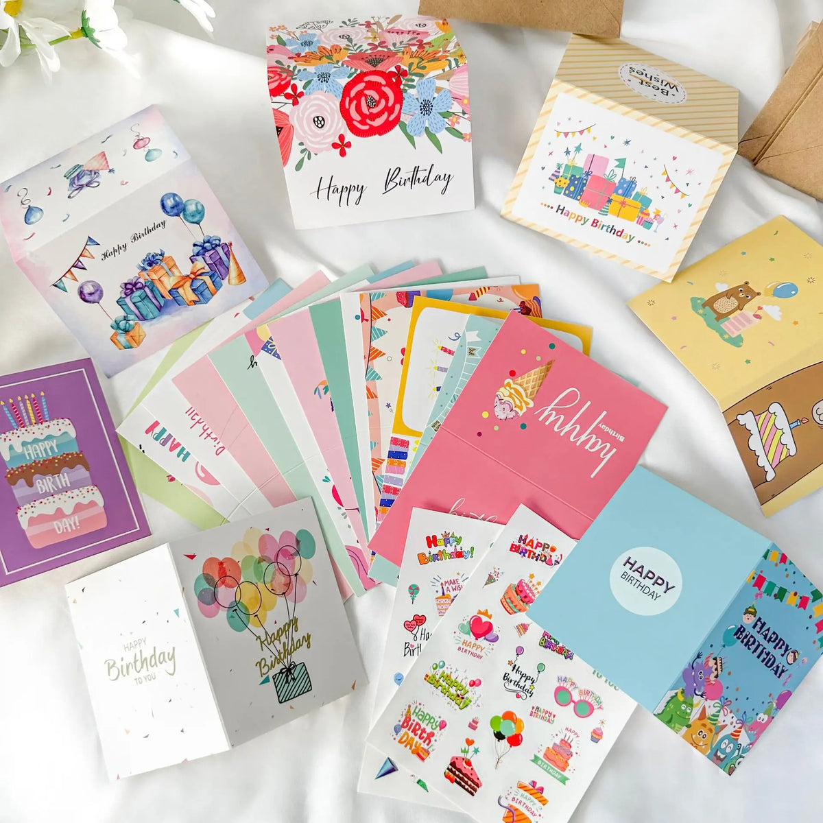 Set of 20 Happy Birthday Cards with Envelopes and Stickers