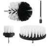 A set of drill brush cleaning tools including a black and white brush and multiple white bristles for cleaning tiles and surf