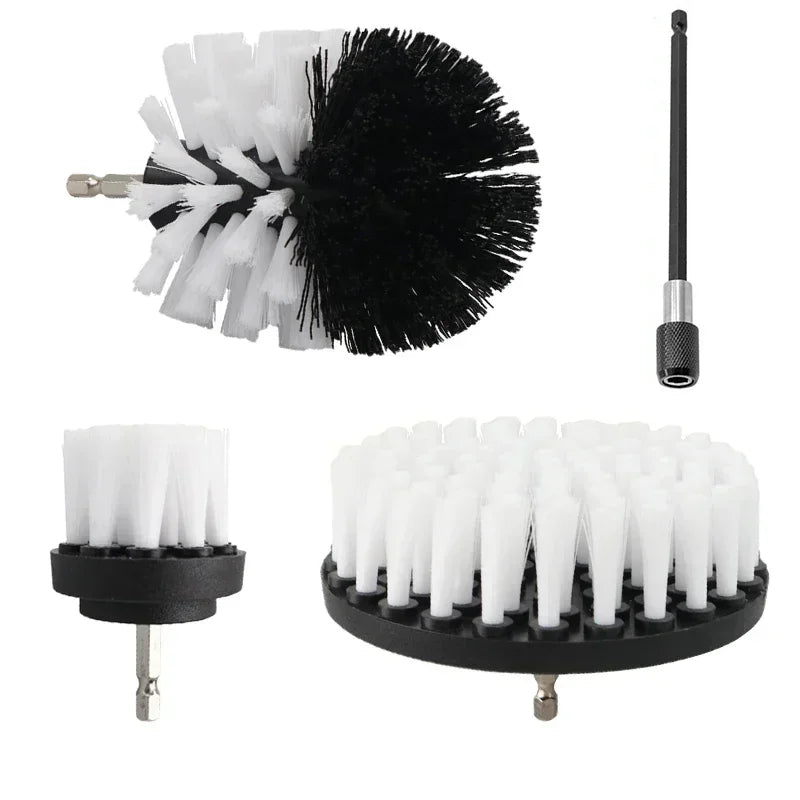 A set of drill brush cleaning tools including a black and white brush and multiple white bristles for cleaning tiles and surf