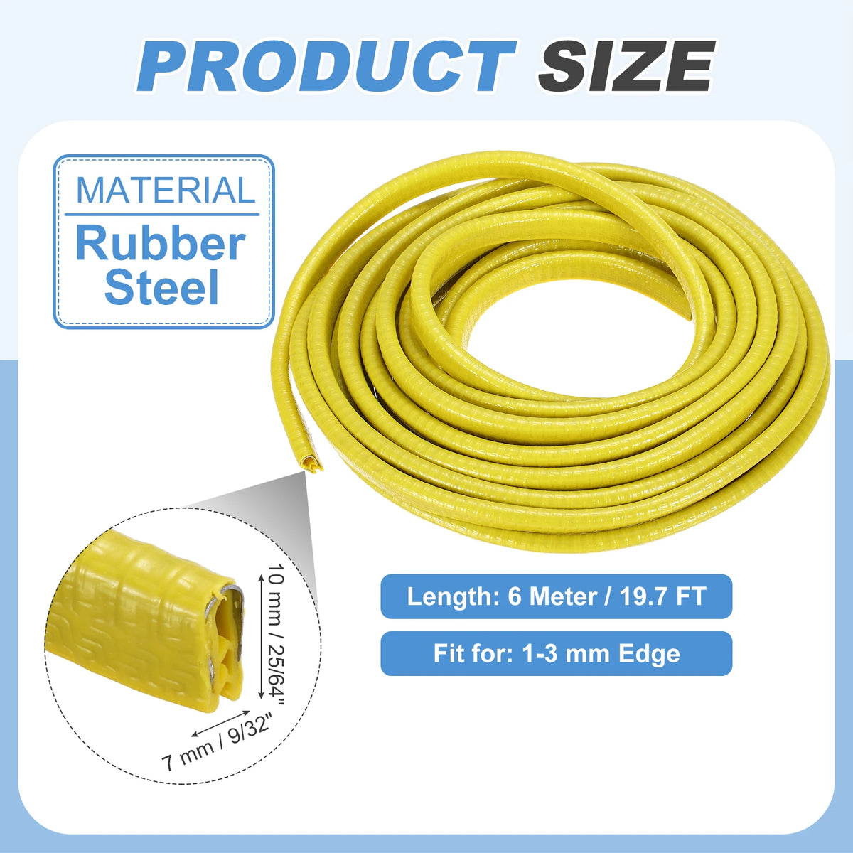 Yellow rubber steel flexible U-channel edge protector trim coiled for use with 1-3 mm edges.