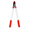 A pair of red and silver telescopic ratchet pruning shears with white handles.