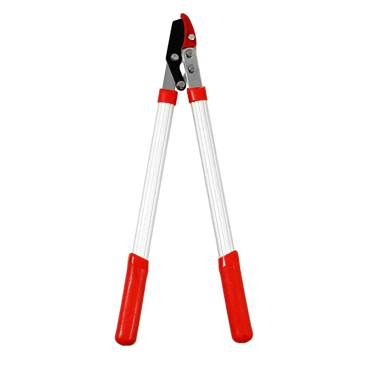 A pair of red and silver telescopic ratchet pruning shears with white handles.