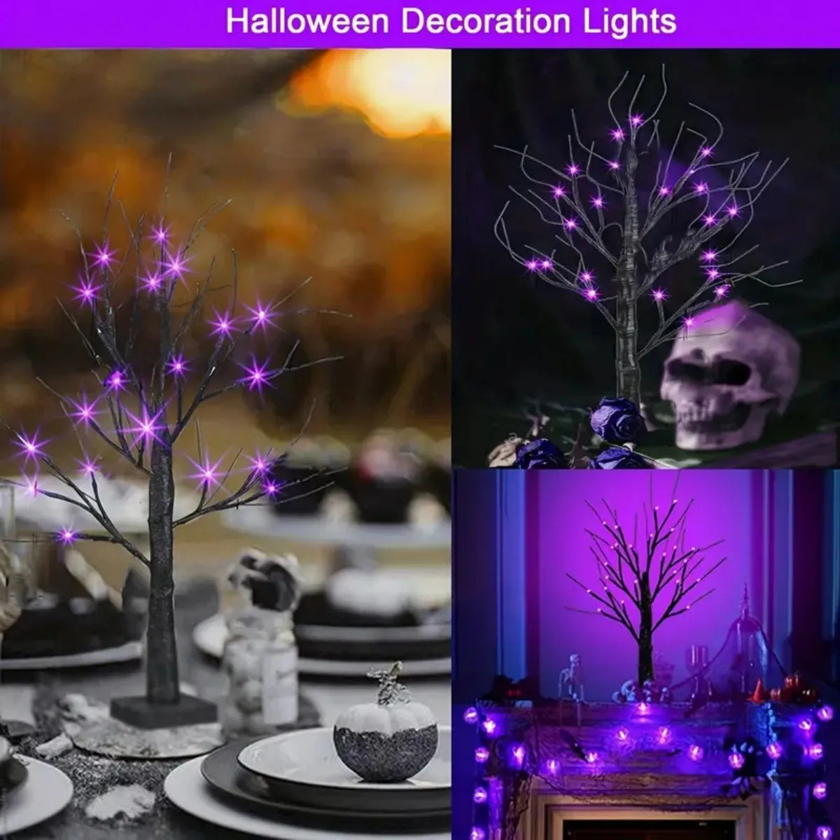 An LED Halloween birch tree decorated with purple and orange lights against a dark background.