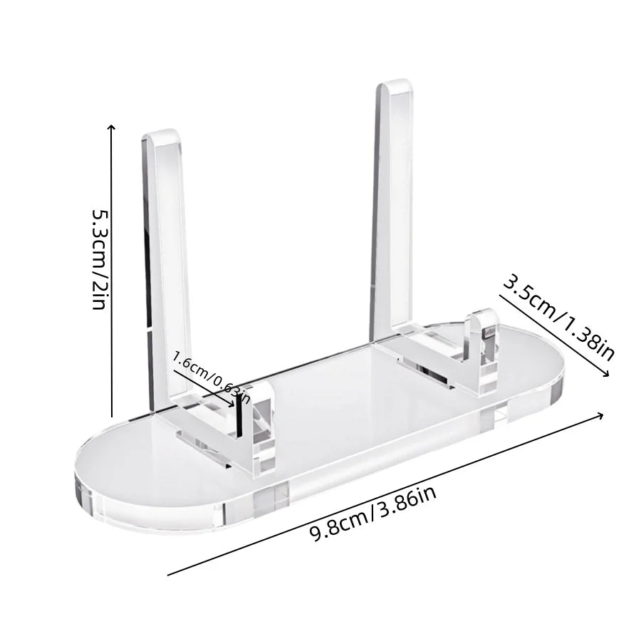 Clear acrylic photo and card display stand with vertical holders and a flat base