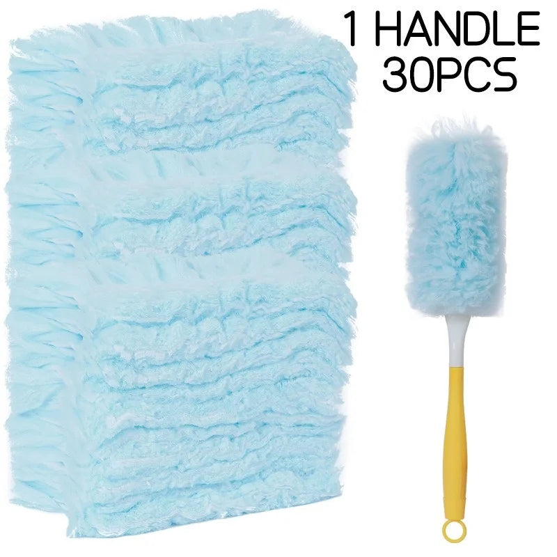 One handle 30 pieces of light blue electrostatic duster with fluffy synthetic fibers