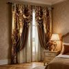 Two luxurious brown and gold Baroque print curtain panels hanging in a bedroom setting.