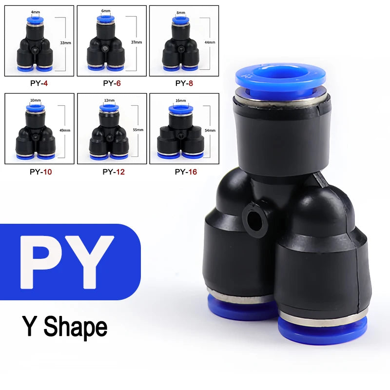 A set of yellow and black Y-shaped pneumatic quick push-in fittings for air compressor tubing, shown with various sizes.