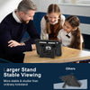 A man and two girls are using a larger stand for viewing an iPad, demonstrating its stable viewing capability.