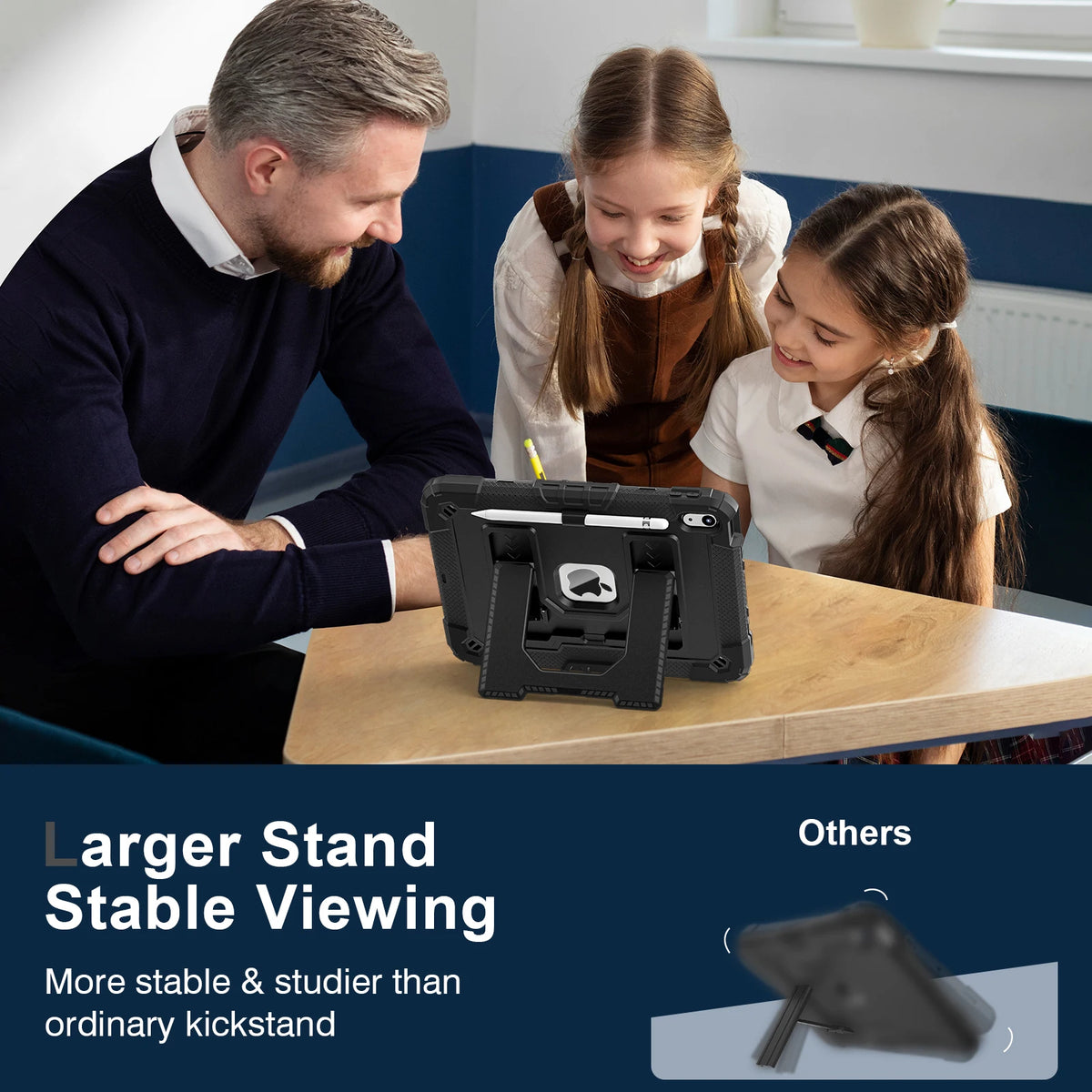 A man and two girls are using a larger stand for viewing an iPad, demonstrating its stable viewing capability.