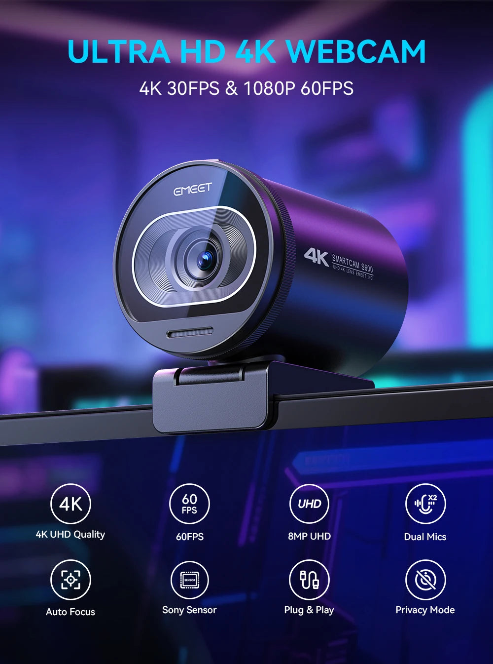 كاميرا ويب سوداء بدقة 4K مثبتة على شاشة تعرض ميزات مثل جودة 4K، ومعدل 60 إطارًا في الثانية، ووضع الخصوصية.