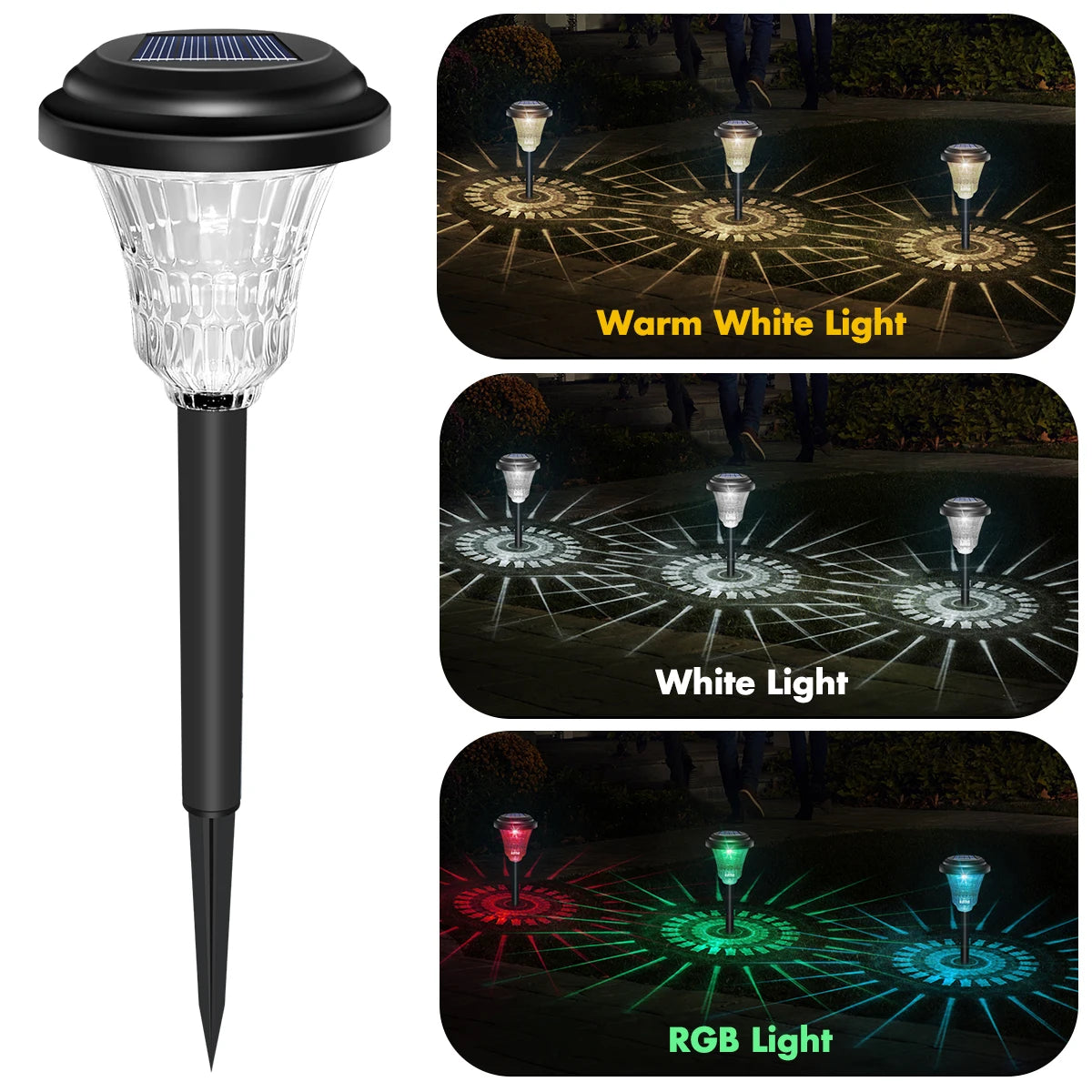 A set of solar-powered LED pathway lights showing warm white, white, and RGB light options.