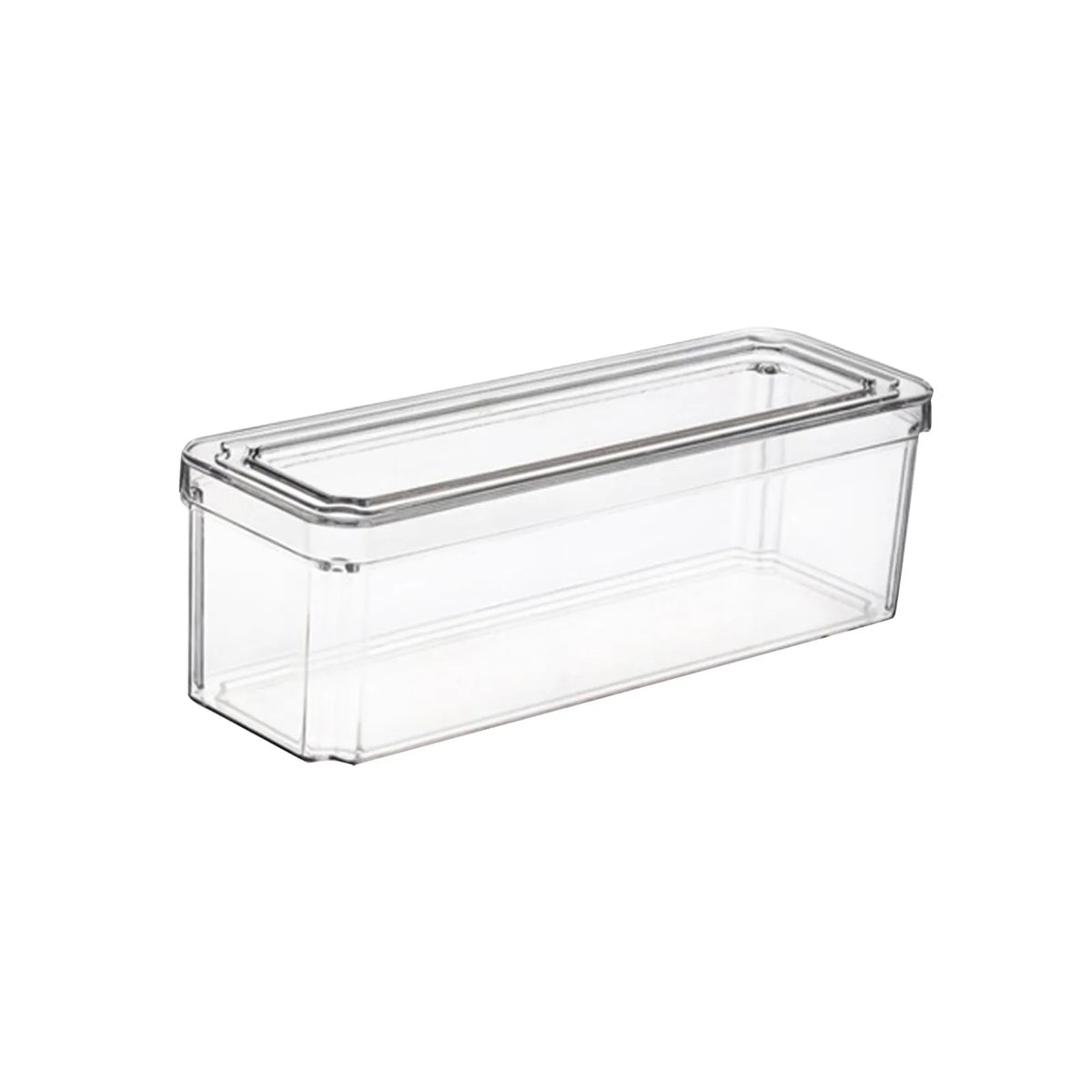 A clear, rectangular food storage container with a lid, designed to be stackable.